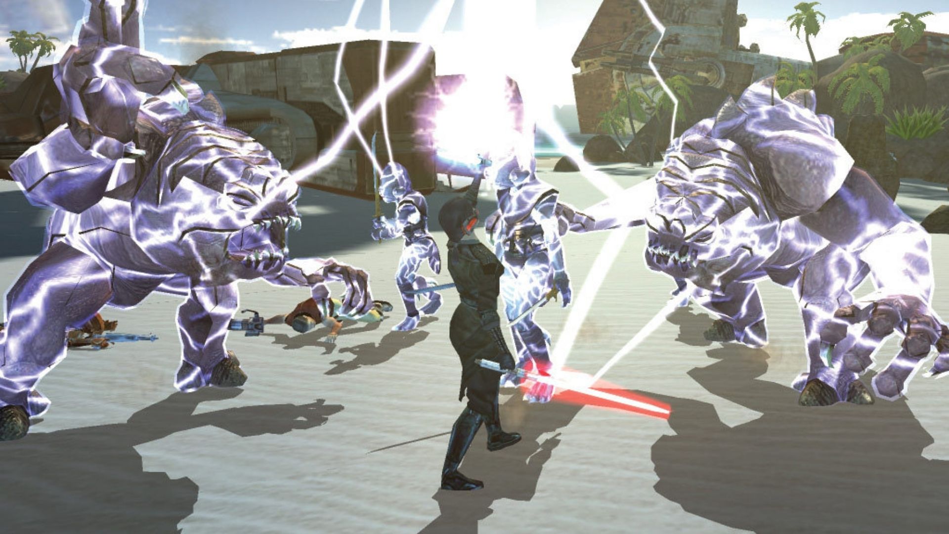 A Jedi electrocutes strange enemies in the desert in Star Wars: Knight's of the Old Republic.