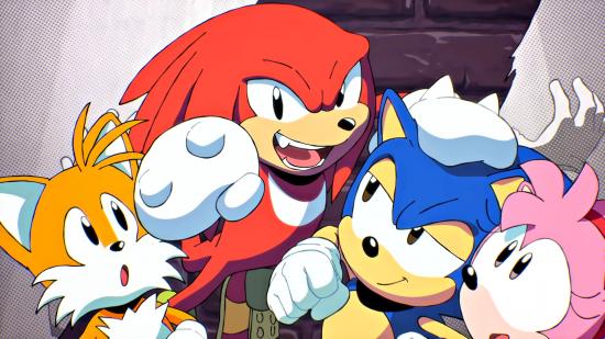 Sonic Origins pre-orders - a screenshot shows Tails, Knuckles, Sonic, and Amy Rose posing together in a playful way.