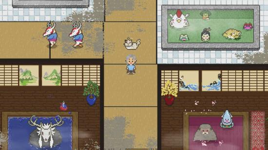 spirittea release date: a character stands in the middle of a bathhouse, populated by spirits in animal form