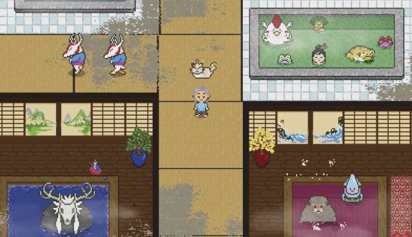 spirittea release date: a character stands in the middle of a bathhouse, populated by spirits in animal form