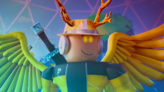 Sword Factory X codes; a Roblox character with wings and a sword on his back