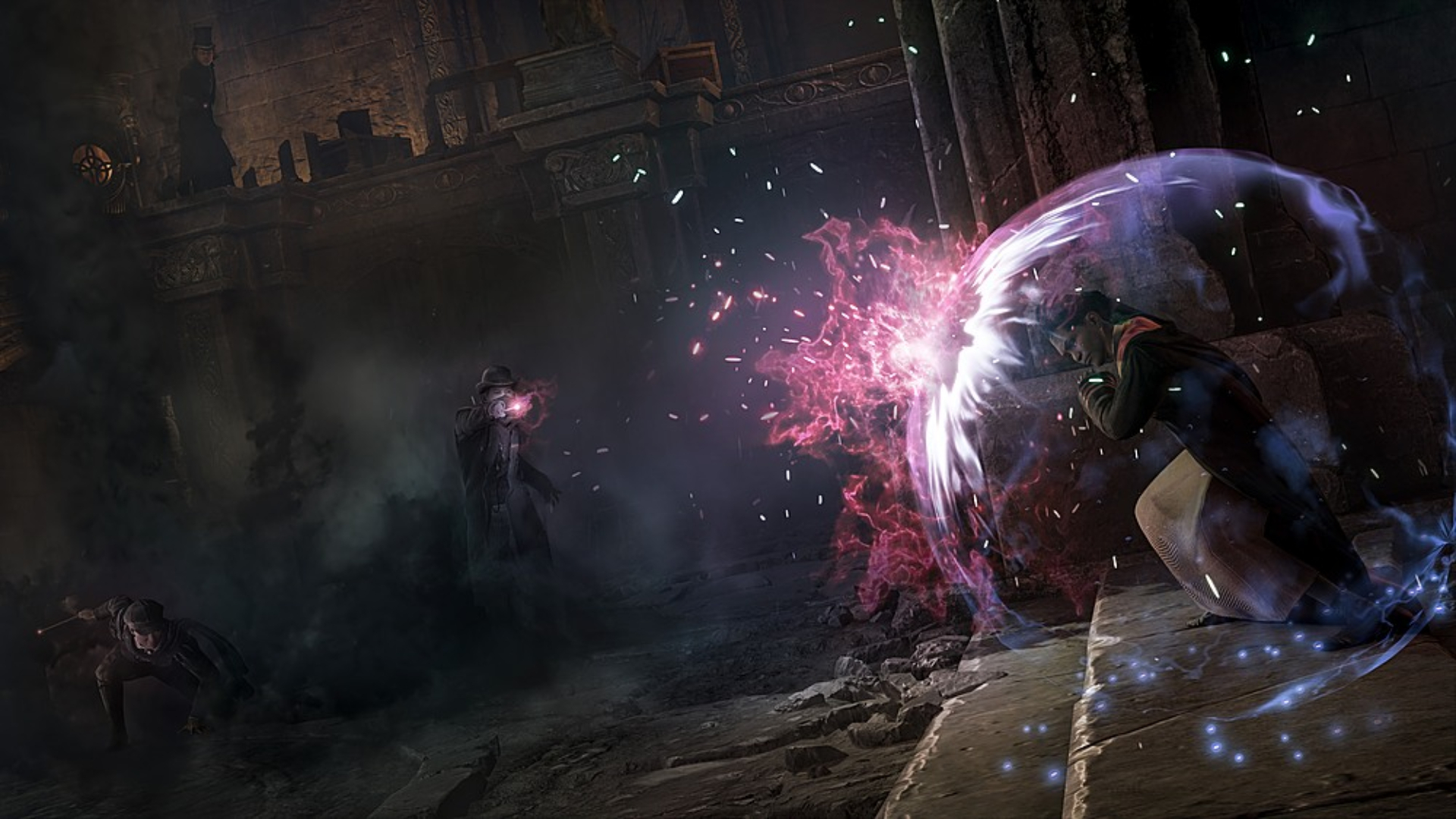 Best wizard games: Hogwarts Legacy. Image shows a student using a magical shield to protect themselves from an attack by a wizard.