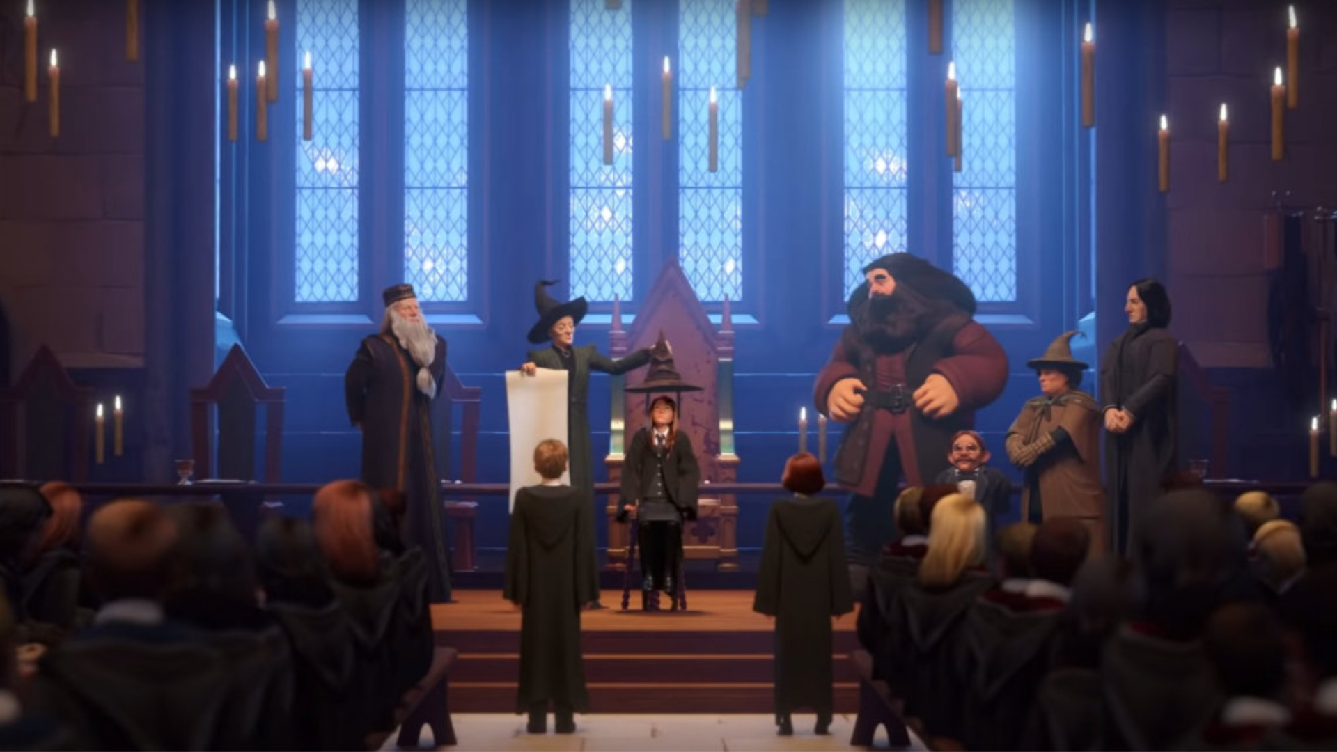 Best wizard games: Harry Potter: Hogwarts Mystery. Image shows a student in the grand hall of Hogwarts about to have the sorting hat put on.