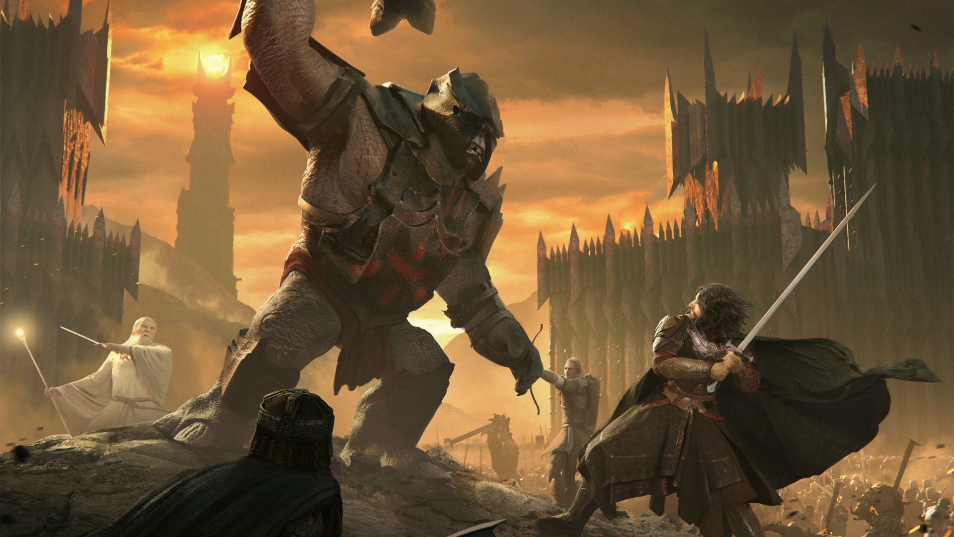 Best wizard games: Lord of the Rings: War. Image shows a large orc about to take a swing at a small soldier.