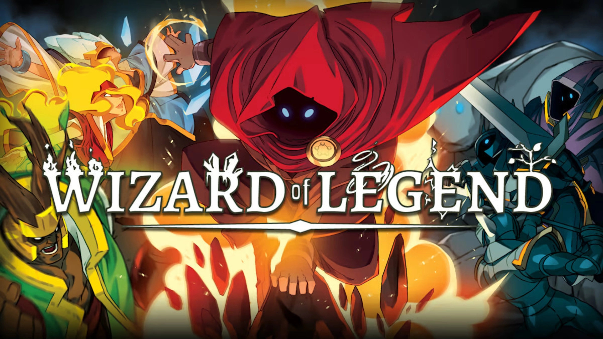 Best Wizard Games: Wizard of Legend.  The photo shows the game logo in front of the flame and a strange masked figure.