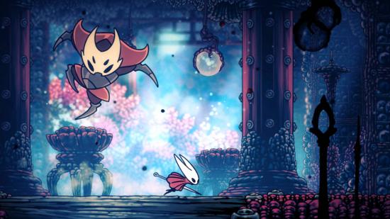 Hollow Knight Silksong release date: Hornet runs through a colourful room, avoiding a large enemy