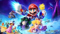 Mario + Rabbids Sparks of Hope art showing all the characters (like Mario and bowser and some Rabbid versions of Peach, among others) striking poses in a large poster format like a Star Wars poster or something.