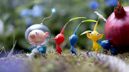 Pikmin 4 release date: an image depict Captain Olimar leading a crew of Pikmin through the grass while one carries an onion