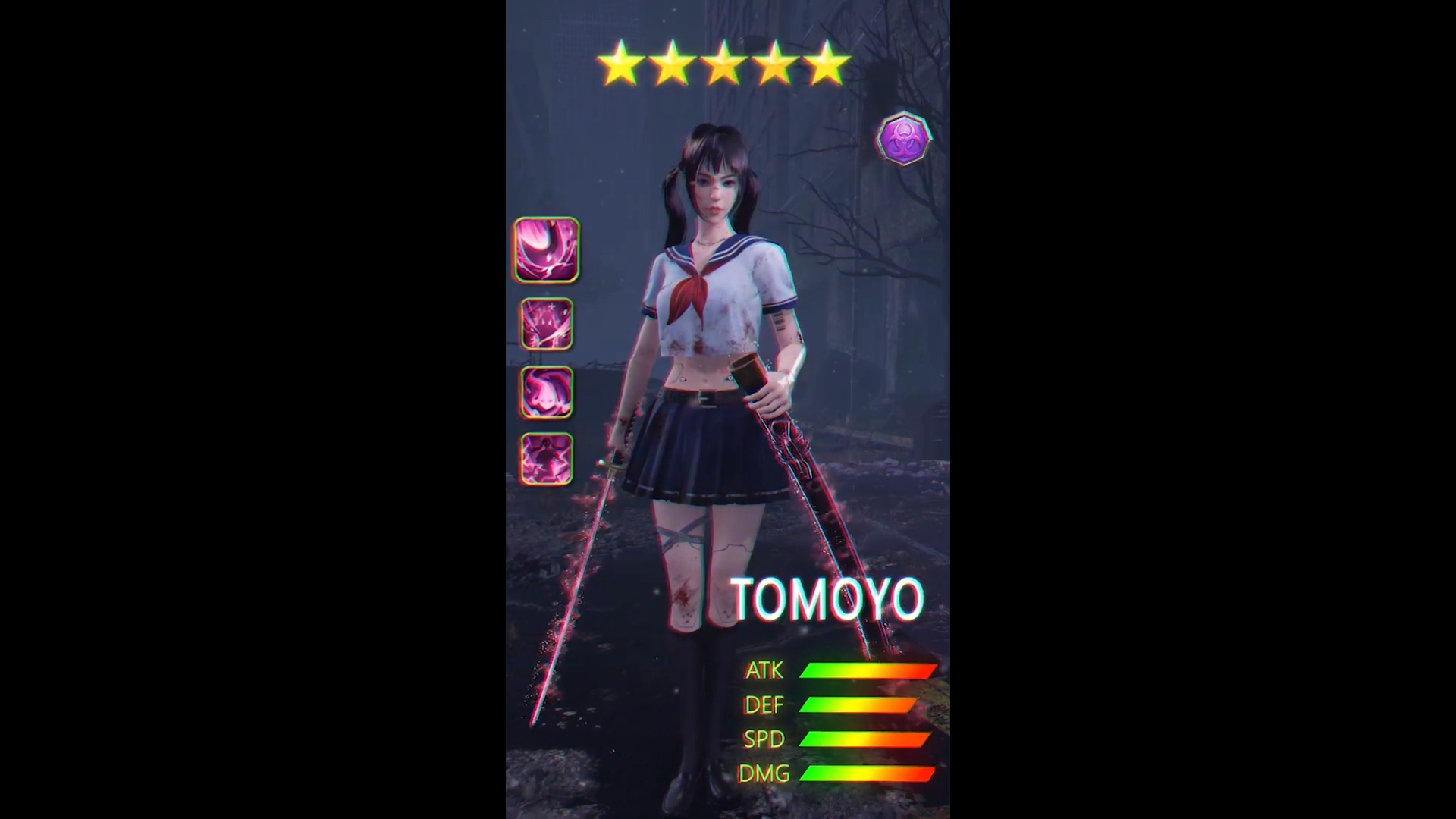 Addictive games - Puzzles and Survival, a screenshot shows a summary of the character Tomoyo, summarising her ATK, DEF, SPD, and DMG stats.
