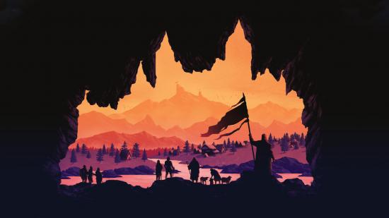 Art for Age of Empires, showing various explorers looking out at a desert-like landscape. The figures are silhouettes, and the scene is outlined with the drawing of a castle.