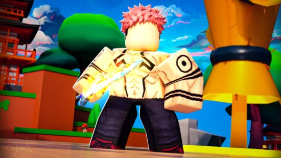 Anime Sword Simulator codes - a shirtless tattooed Roblox character wields a knife
