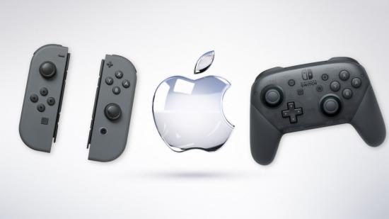 Custom header for Apple ios 16 Joy Con support article with apple logo and Nintendo hardware