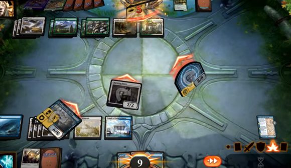 Лучшие игры для Android — Magic: The Gathering Arena. Скриншот показывает, как карты перемещаются по доске во время игры.