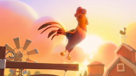 Best farm games - an image shows a cock getting ready to crow from the trailer of FarmVille 3.