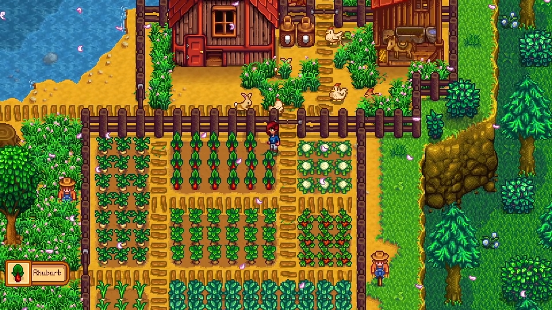 Best farm games - Stardew Valley. A screenshot shows a player character standing amidst many types of crops, with their home not far behind.