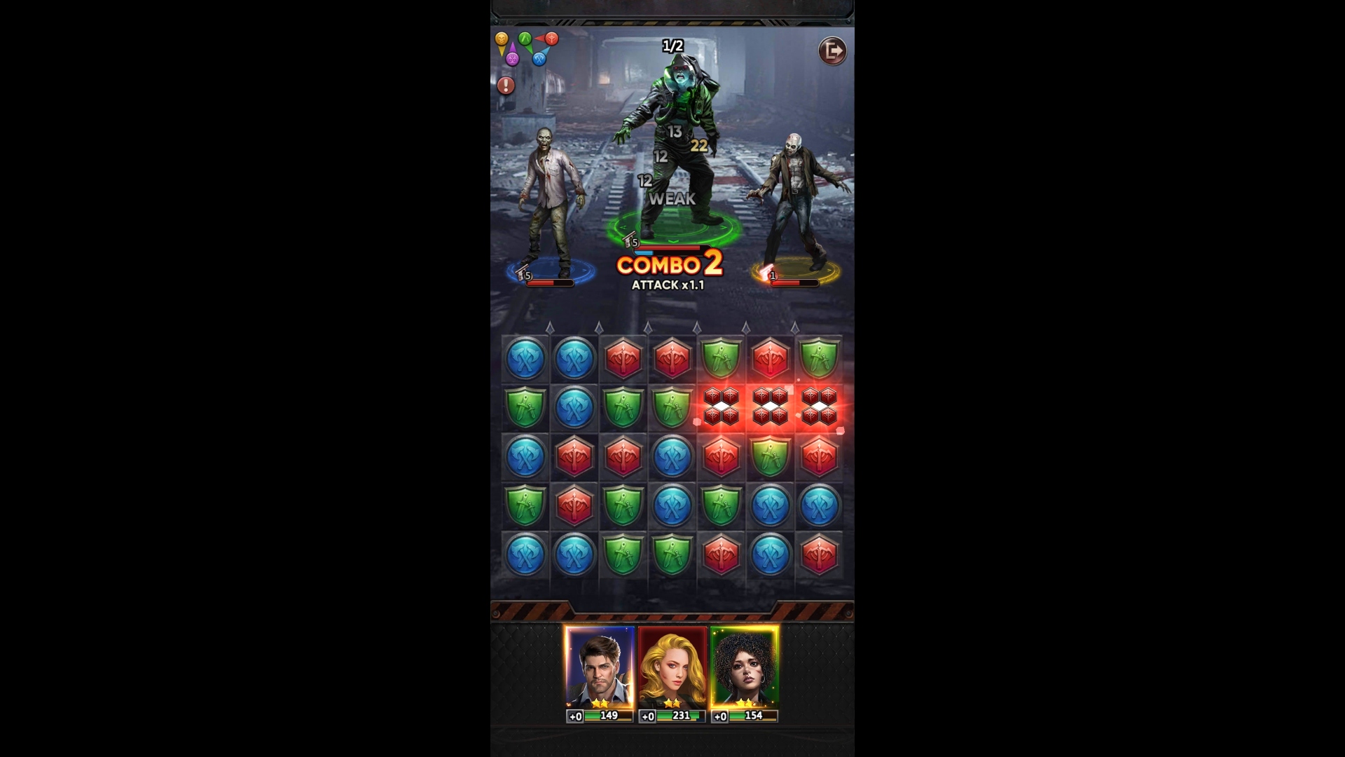 Beste mobile Puzzlespiele - Rätsel & Überleben. Ein Screenshot zeigt, dass Zombies angegriffen werden, indem Fliesen am unteren Teil des Bildschirms geschoben werden
