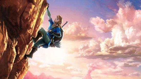 Art from one of the best open-world games, The Legend of Zelda: Breath of the Wild, showing Link (a young blonde boy in a blue tunic with a sword and shield on his back) climbing up a sandy cliff face with a red dawn sky full of clouds in the background.