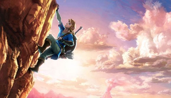 Art from one of the best open-world games, The Legend of Zelda: Breath of the Wild, showing Link (a young blonde boy in a blue tunic with a sword and shield on his back) climbing up a sandy cliff face with a red dawn sky full of clouds in the background.