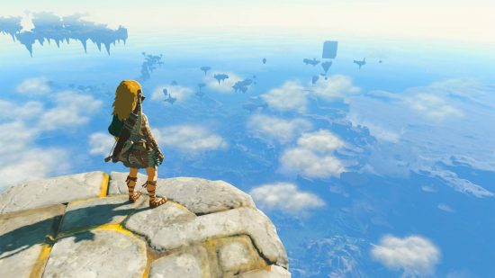 Best Switch adventure games: Link stands on a sky island high above the region of hyrule