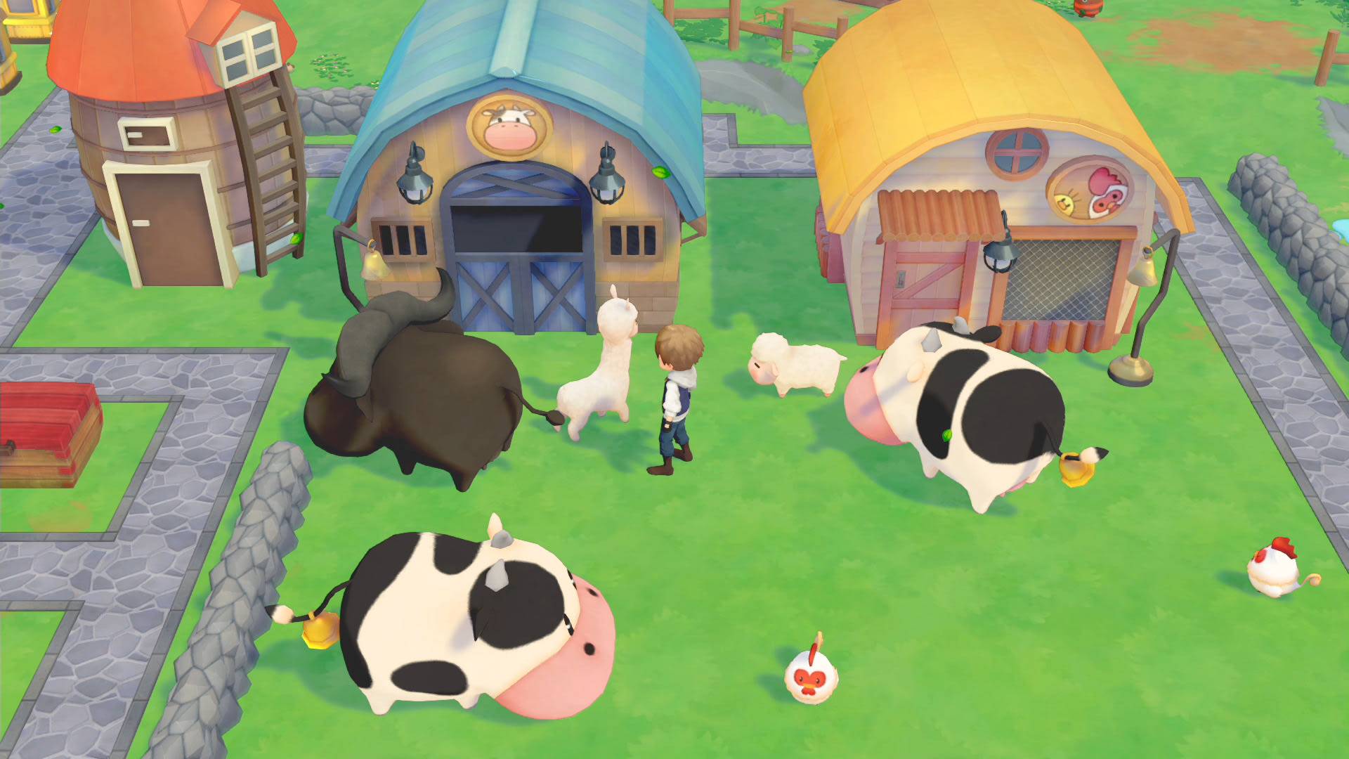 best switch simulation games: a character stands in a field surrounded by barn yard animals 