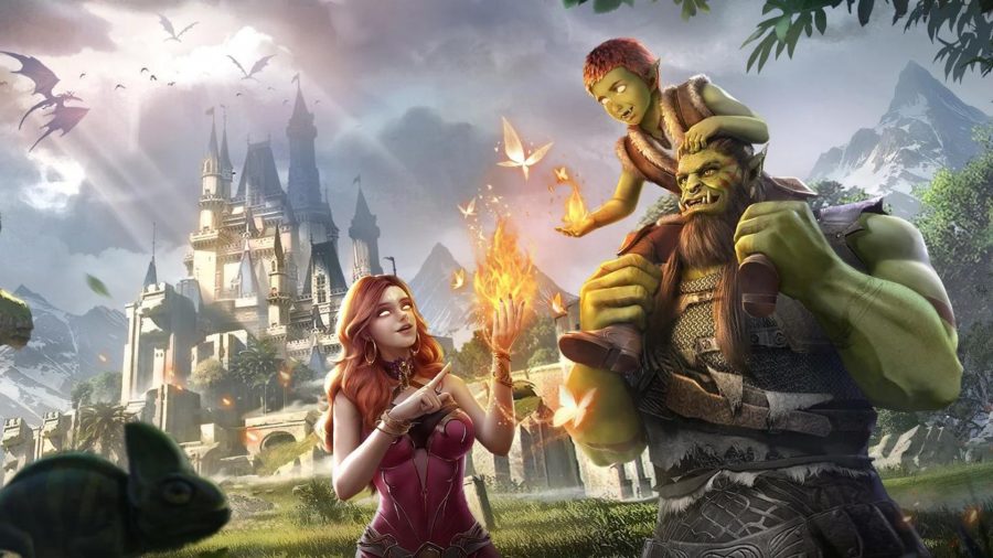 Art from Bloodline Heroes of Lithas, showing an orc with a baby orc on his shoulders, next to a woman conjuring flame from her hand. There is a grand city in the background.