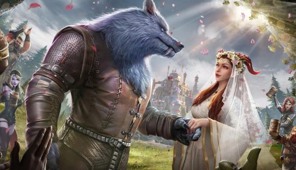 Art from Bloodline Heroes of Lithas showing a wolf-man holding hands with woman in a wedding dress. There is a grand city and fireworks in the background.