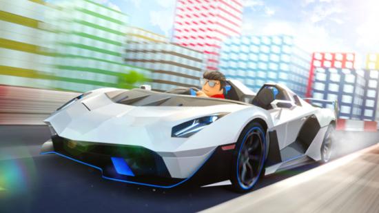 Key art of Roblox character driving for Car Dealership Tycoon codes article
