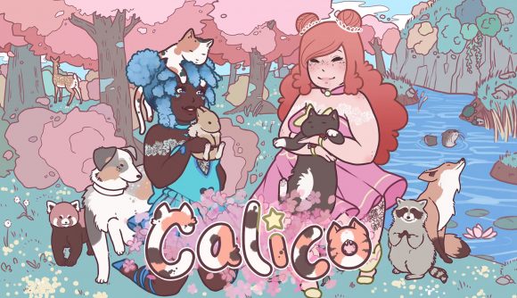 Promotional art for the cat game Calico, showing two girls in pastel dresses sitting in a forest surrounded by animals