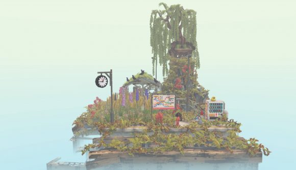 Cloud Gardens review: a diorama in a pixelated style shows an island filled with flowers and trash in the middle of a fog thats a gradient between two pleasing colours