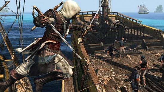 An assassin jumping onto a pirate ship