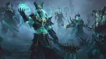 Multiple ghost-like characters from Diablo Immortal, shining blue, weilding weapons, and wearing rugged armour.