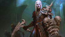 Key art of Diablo Immortal necromancer with a scythe and bone shield