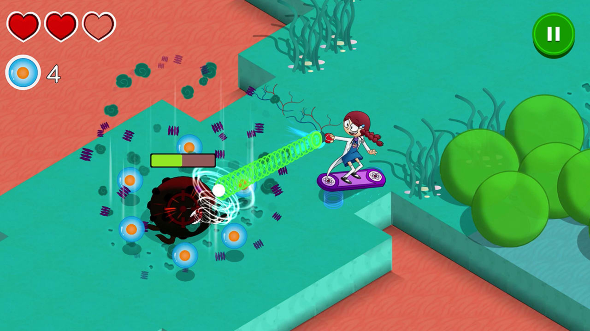 Educational games - a girl riding a hoverboard shooting a laser at a dark figure
