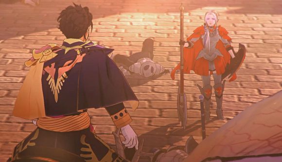 Edelgard and Claude having a chat in Fire Emblem Warriors: Three Hopes. Claude is on a horse with his back to us, Edelgard is in lots of shiny armour, facing us.