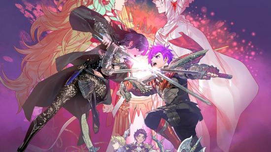 Art for Fire Emblem Warriors: Three Hopes showing two mercenaries clashing, with other characters in the background.