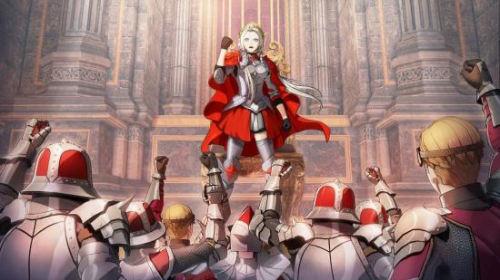 Art from Fire Emblem Warriors: Three Hopes, showing Edelgard in regal battle gear adorned with red highlights, fist raised, in front of a roused crowd, fists aloft.