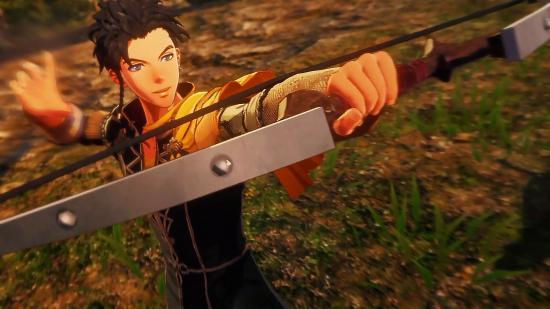 Claude drawing his bow in Fire Emblem Warriors: Three Hopes, looking up fro a fight.
