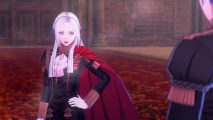 Edelgard from Fire Emblem Warriors: Three Hopes, arm on her hip, looking at someone and talking to them.