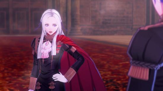 Edelgard from Fire Emblem Warriors: Three Hopes, arm on her hip, looking at someone and talking to them.