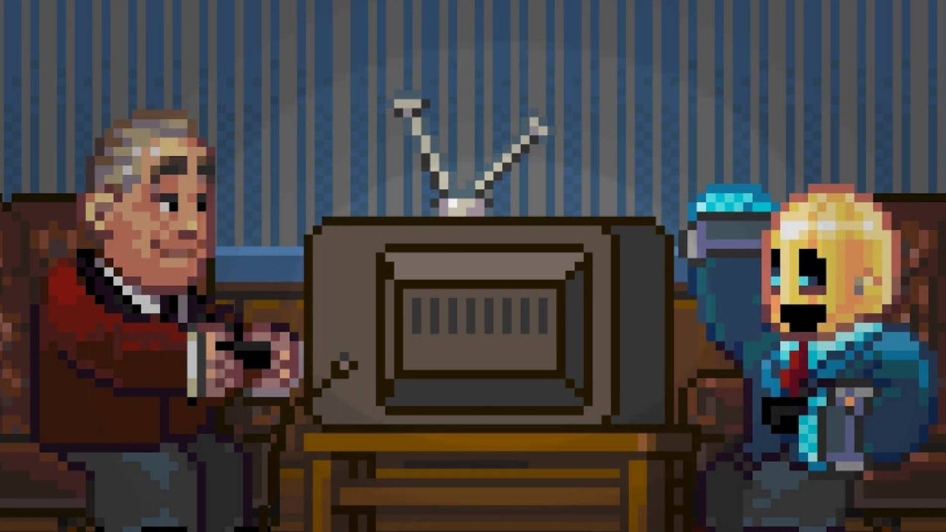 Funny games: A pixelated scene shows a robot wearing a top hat sat with a man in a robe, playign video games