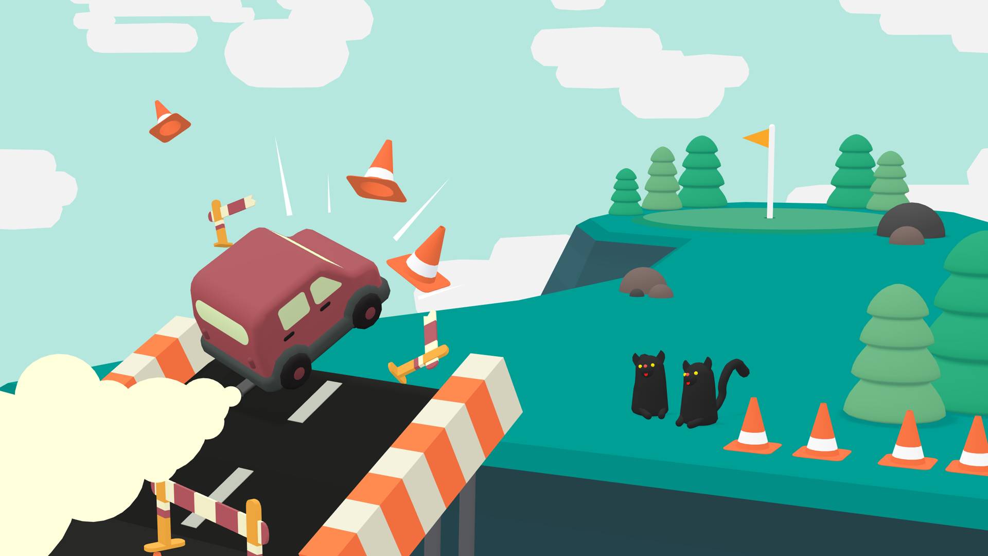 Funny games: a car launches from a ramp into the air, smashing cones and narrowly avoiding cats 