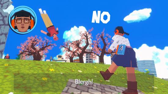 Funny games: a polygonal scene from the game Say No! More shows a woman screaming no at someone, sending them hurtling off into the sky