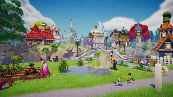 games like Animal Crossing Disney Dreamlight valley: a town center bustling with activity