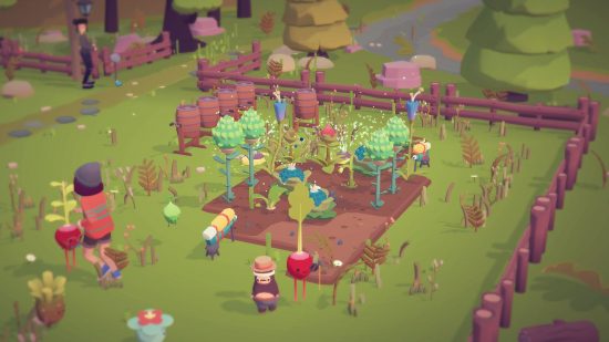 games like Animal Crossing ooblets: a bunch of Ooblets farming in a garden