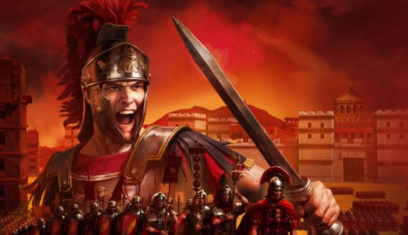 Art for Rome: Total War, one of the many games like Age of Empires on Switch and mobile. A Roman soldier with a helmet with red fluff coming out the top in a sort of Mohawk stands huge in an orange sky, wielding a sword and mouth agape like he's shouting. Behind there are old Roman buildings, while in the foreground there are more soldiers, tiny, marching across the land. Everything is very red.