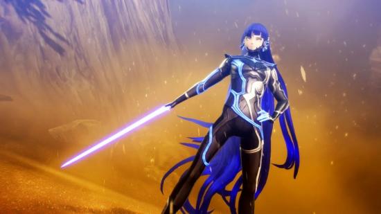 The main character from Shin Megami Tensei V, one of the many games like Pokemon. They are stood in a dusty orange desert scene, in glowing and futuristic armour, with a shining sword outstretched. Their hair is blue, as is their outfit.