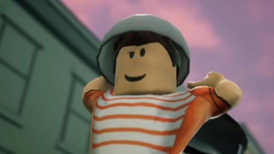 How to buy Robux - an excited Roblox man leaps through the air, delighted that he will soon have Robux to spend.