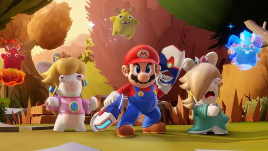 A group of Rabbids and Mario preparing for battle