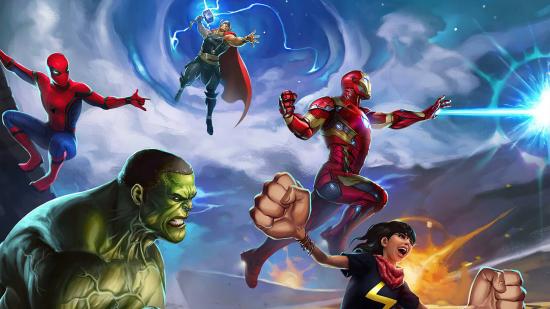 Marvel puzzle quest giveaway: Several Marvel superheroes are jumping from the left to the right, ready to attack