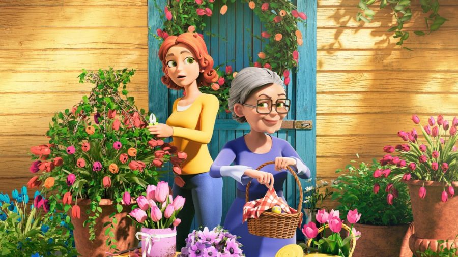 Maddie and Grandma in art for Merge Mansion, picking flowers outside a house.
